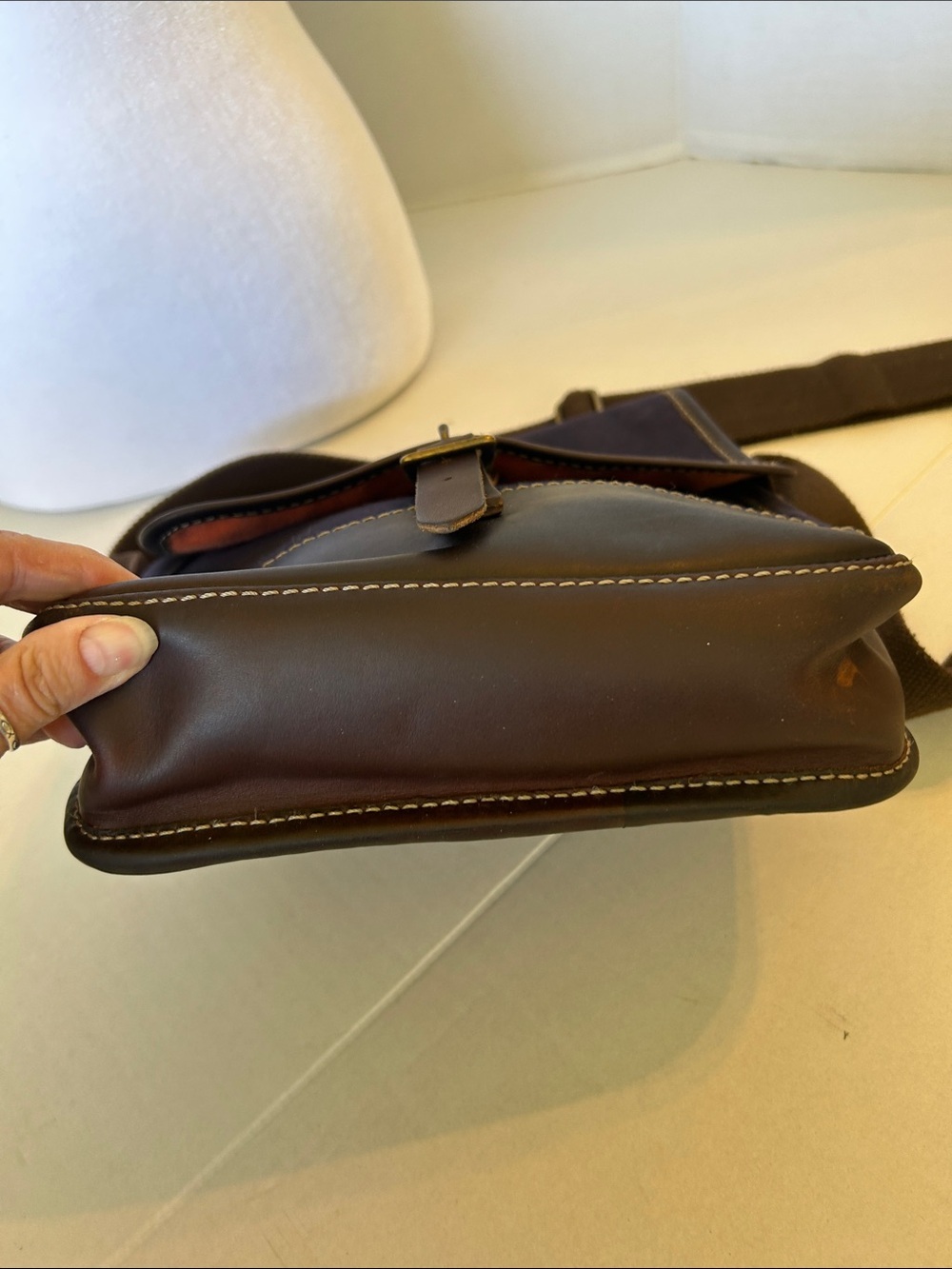 COLE HAAN BLUE CANVAS AND BROWN LEATHER  CARRY SATCHEL /MESSENGER BAG - Picture 5 of 16